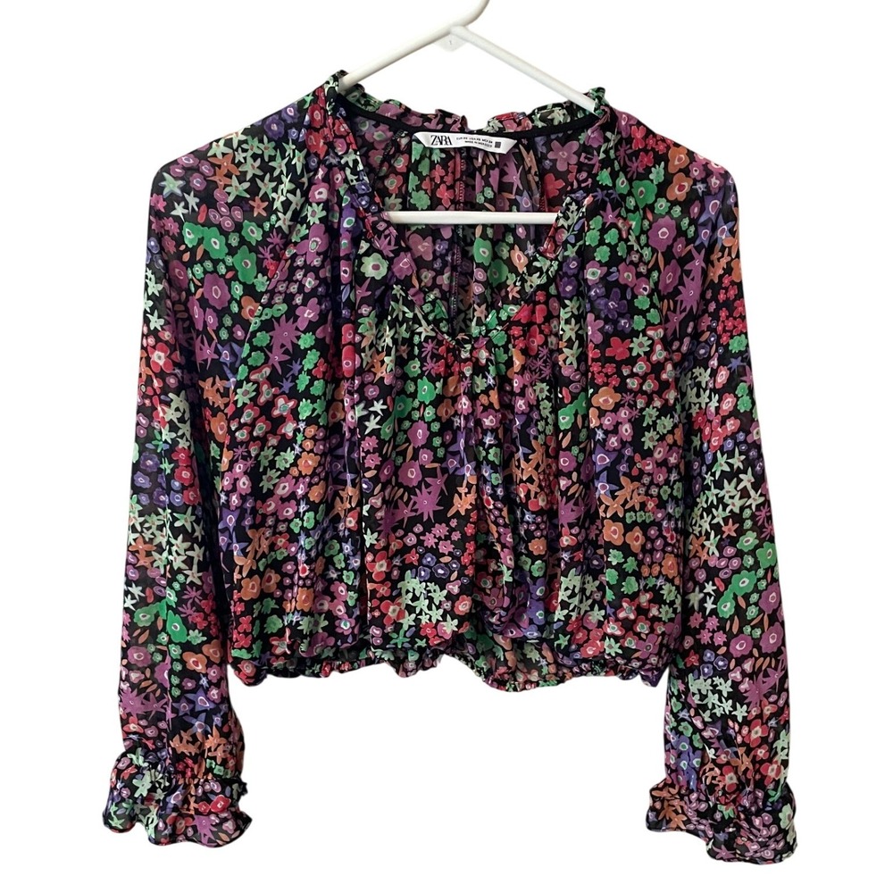 Zara Floral Print Cropped Blouse Multi Clr Ruffle Long Sleeve Top XS Cottagecore